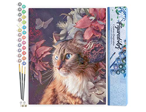 Figured'Art Malen Nach Zahlen Erwachsene Katze und bunte Blumen - Paint by Numbers Basteln DIY Bastelset 40x50cm ohne Holzrahmen von Figured'Art