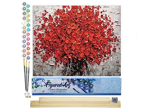 Figured'Art Malen Nach Zahlen Erwachsene Mit Rahmen Abstrakte rote Blumen - Paint by Numbers Basteln DIY Bastelset 40x50cm Mit Keilrahmen (nicht gespannt) von Figured'Art