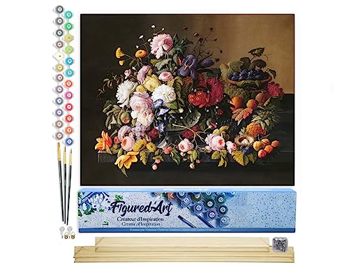 Figured'Art Malen Nach Zahlen Erwachsene Mit Rahmen Blumen und Obst - Severin Roesen - Paint by Numbers Basteln DIY Bastelset 40x50cm Mit Keilrahmen (nicht gespannt) von Figured'Art