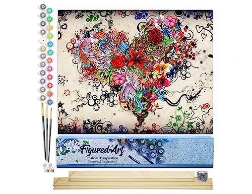 Figured'Art Malen Nach Zahlen Erwachsene Mit Rahmen Blumenherz - Paint by Numbers Basteln DIY Bastelset 40x50cm Mit Keilrahmen (nicht gespannt) von Figured'Art