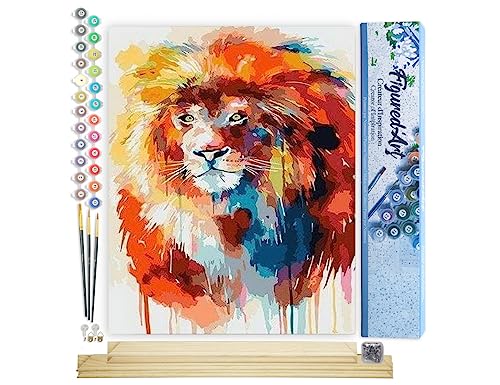 Figured'Art Malen Nach Zahlen Erwachsene Mit Rahmen Bunter Löwe - Paint by Numbers Basteln DIY Bastelset 40x50cm Mit Keilrahmen (nicht gespannt) von Figured'Art