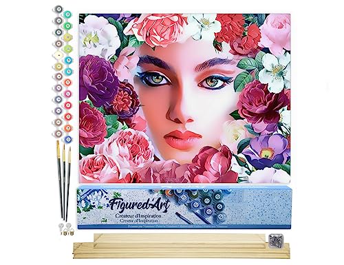 Figured'Art Malen Nach Zahlen Erwachsene Mit Rahmen Gesicht und Blumen - Paint by Numbers Basteln DIY Bastelset 40x50cm Mit Keilrahmen (nicht gespannt) von Figured'Art