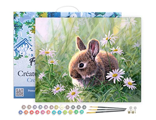 Figured'Art Malen Nach Zahlen Erwachsene Mit Rahmen Kaninchen und Gänseblümchen - Paint by Numbers Basteln DIY Bastelset 40x50cm Leinwand gespannt auf Holzrahmen von Figured'Art