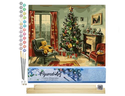 Figured'Art Malen Nach Zahlen Erwachsene Mit Rahmen Klassischer Weihnachtskamin - Paint by Numbers Basteln DIY Bastelset 40x50cm Mit Keilrahmen (nicht gespannt) von Figured'Art