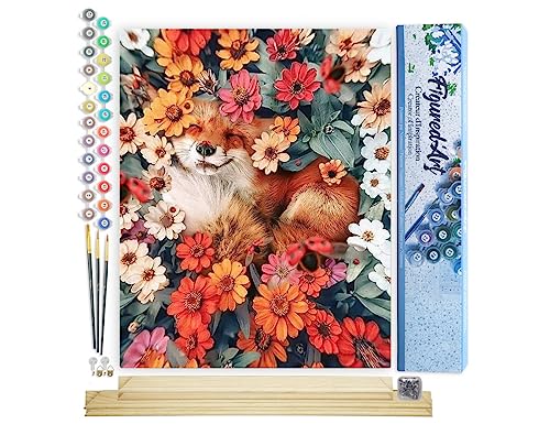 Figured'Art Malen Nach Zahlen Erwachsene Mit Rahmen Kleiner Fuchs und Blumen 2 - Paint by Numbers Basteln DIY Bastelset 40x50cm Mit Keilrahmen (nicht gespannt) von Figured'Art