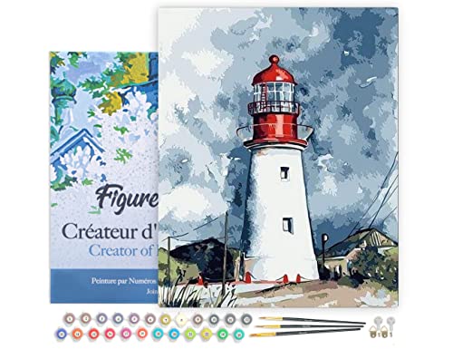 Figured'Art Malen Nach Zahlen Erwachsene Mit Rahmen Leuchtturm unter dunklem Himmel - Paint by Numbers Basteln DIY Bastelset 40x50cm Leinwand gespannt auf Holzrahmen von Figured'Art