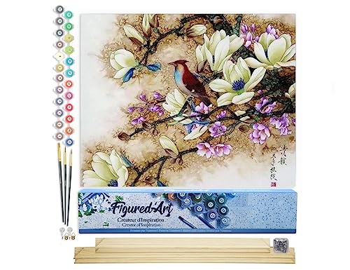 Figured'Art Malen Nach Zahlen Erwachsene Mit Rahmen Magnolien in Blüten - Paint by Numbers Basteln DIY Bastelset 40x50cm Mit Keilrahmen (nicht gespannt) von Figured'Art