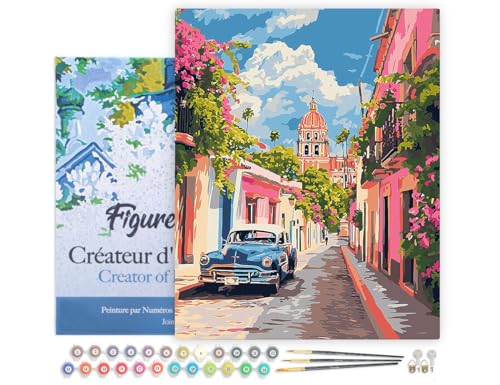 Figured'Art Malen Nach Zahlen Erwachsene Mit Rahmen Oldtimer Auto in Mexiko City - Paint by Numbers Basteln DIY Bastelset 40x50cm - Leinwand gespannt auf Holzrahmen von Figured'Art