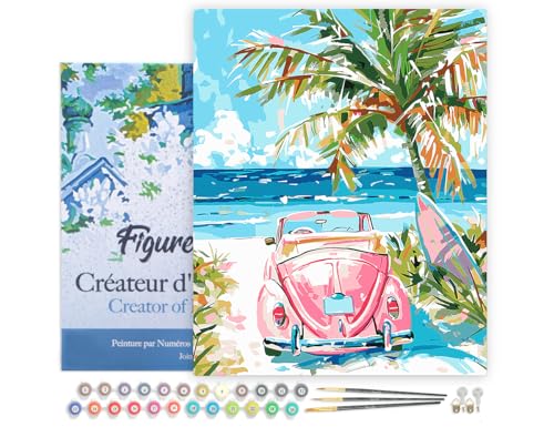 Figured'Art Malen Nach Zahlen Erwachsene Mit Rahmen Rosa Auto am Meer - Paint by Numbers Basteln DIY Bastelset 40x50cm - Leinwand gespannt auf Holzrahmen von Figured'Art