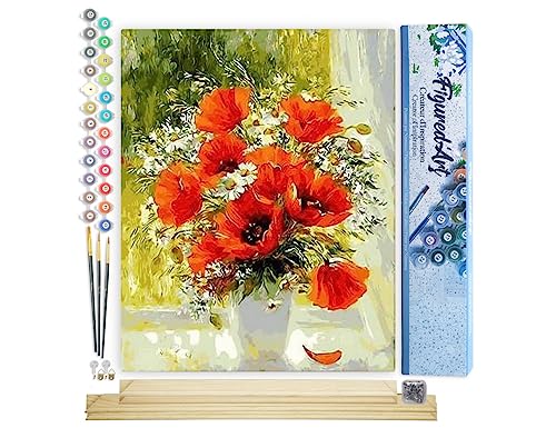 Figured'Art Malen Nach Zahlen Erwachsene Mit Rahmen Rote Blumen und Gänseblümchen - Paint by Numbers Basteln DIY Bastelset 40x50cm Mit Keilrahmen (nicht gespannt) von Figured'Art