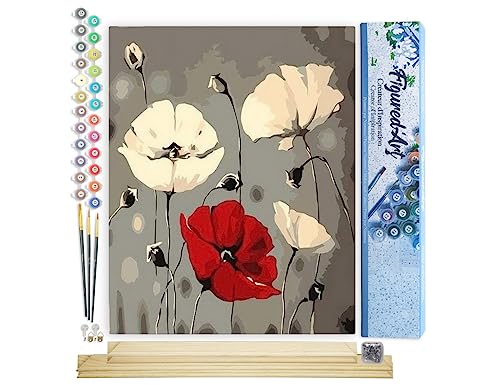 Figured'Art Malen Nach Zahlen Erwachsene Mit Rahmen Rote und weiße Blumen - Paint by Numbers Basteln DIY Bastelset 40x50cm Mit Keilrahmen (nicht gespannt) von Figured'Art