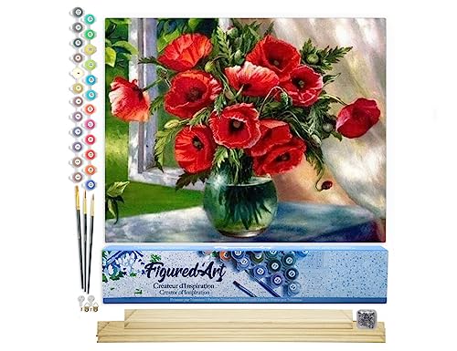 Figured'Art Malen Nach Zahlen Erwachsene Mit Rahmen Roter Blumenstrauß - Paint by Numbers Basteln DIY Bastelset 40x50cm Mit Keilrahmen (nicht gespannt) von Figured'Art