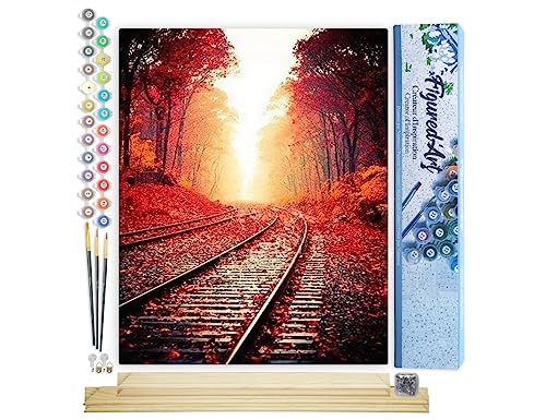 Figured'Art Malen Nach Zahlen Erwachsene Mit Rahmen Schienen im Herbst - Paint by Numbers Basteln DIY Bastelset 40x50cm Mit Keilrahmen (nicht gespannt) von Figured'Art