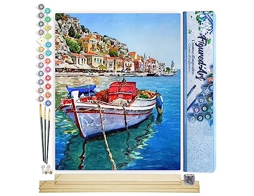 Figured'Art Malen Nach Zahlen Erwachsene Mit Rahmen Schiff vor Anker im Hafen - Paint by Numbers Basteln DIY Bastelset 40x50cm Mit Keilrahmen (nicht gespannt) von Figured'Art