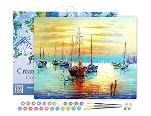 Figured'Art Malen Nach Zahlen Erwachsene Mit Rahmen Segelboote an der Küste - Paint by Numbers Basteln DIY Bastelset 40x50cm - Leinwand gespannt auf Holzrahmen von Figured'Art