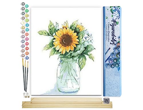 Figured'Art Malen Nach Zahlen Erwachsene Mit Rahmen Sonnenblumen im Glas - Paint by Numbers Basteln DIY Bastelset 40x50cm Mit Keilrahmen (nicht gespannt) von Figured'Art