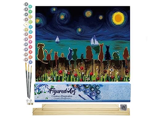 Figured'Art Malen Nach Zahlen Erwachsene Mit Rahmen Sternennacht und Tiere von hinten - Paint by Numbers Basteln DIY Bastelset 40x50cm Mit Keilrahmen (nicht gespannt) von Figured'Art