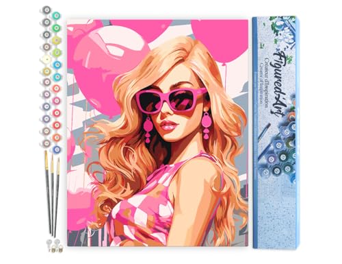 Figured'Art Malen Nach Zahlen Erwachsene Rosa Ballons und die Diva - Paint by Numbers Basteln DIY Bastelset 40x50cm ohne Holzrahmen von Figured'Art