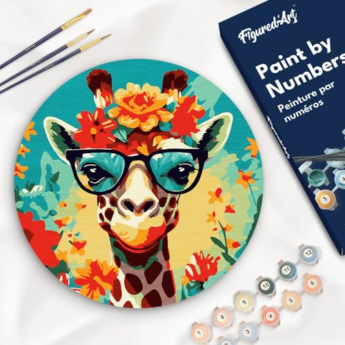 Figured'Art Malen nach Zahlen für Erwachsene auf einer Holzscheibe von 30 cm Durchmesser - Fantasie-Giraffe und Blumen - Paint by Numbers Basteln DIY Bastelset von Figured'Art
