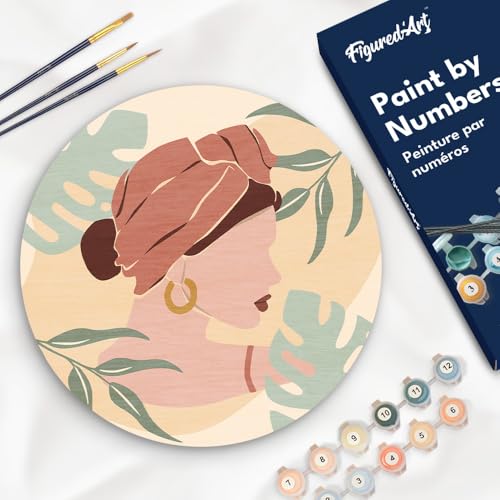 Figured'Art Malen nach Zahlen für Erwachsene auf einer Holzscheibe von 30 cm Durchmesser - Frau mit einem Turban - Paint by Numbers Basteln DIY Bastelset von Figured'Art