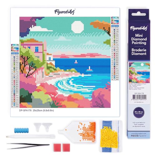 Figured'Art Mini Diamond Painting Erwachsene 25x25cm Ganze Leinwand gerollt Bunte Französische Riviera 5D Bilder Runde Steine - DIY Set Basteln von Figured'Art