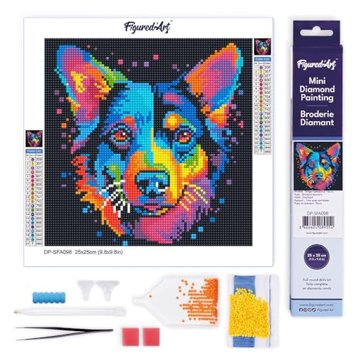 Figured'Art Mini Diamond Painting Erwachsene 25x25cm Ganze Leinwand gerollt Neon Hund Abstrakt Pop Art 5D Bilder Runde Steine - DIY Set Basteln von Figured'Art