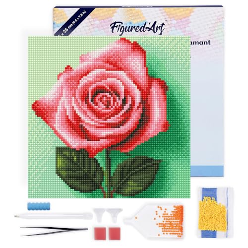 Figured'Art Mini Diamond Painting Erwachsene 25x25cm Mit Rahmen Ganze Leinwand gespannt Atemberaubende Rosa Rose 5D Bilder Runde Steine - DIY Set Basteln von Figured'Art