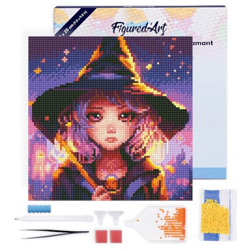 Figured'Art Mini Diamond Painting Erwachsene 25x25cm Mit Rahmen Ganze Leinwand gespannt Bezaubernde Kleine Hexe 5D Bilder Runde Steine - DIY Set Basteln von Figured'Art