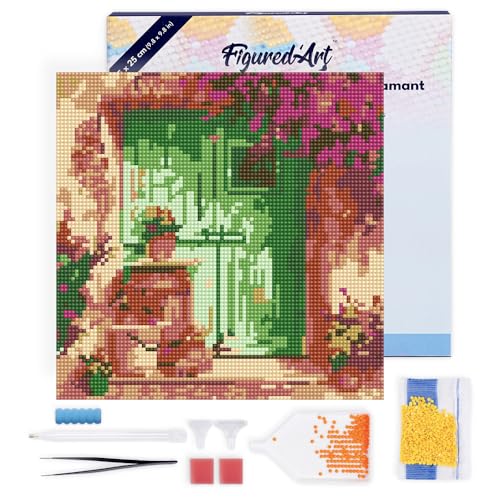 Figured'Art Mini Diamond Painting Erwachsene 25x25cm Mit Rahmen Ganze Leinwand gespannt Blumiger Eingang 5D Bilder Runde Steine - DIY Set Basteln von Figured'Art