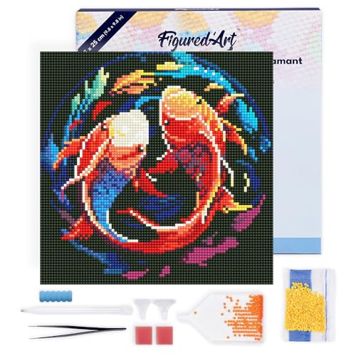Figured'Art Mini Diamond Painting Erwachsene 25x25cm Mit Rahmen Ganze Leinwand gespannt Bunte Koi-Karpfen 5D Bilder Runde Steine - DIY Set Basteln von Figured'Art