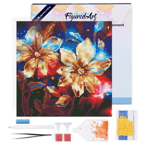Figured'Art Mini Diamond Painting Erwachsene 25x25cm Mit Rahmen Ganze Leinwand gespannt Glänzende Goldene Blumen 5D Bilder Runde Steine - DIY Set Basteln von Figured'Art