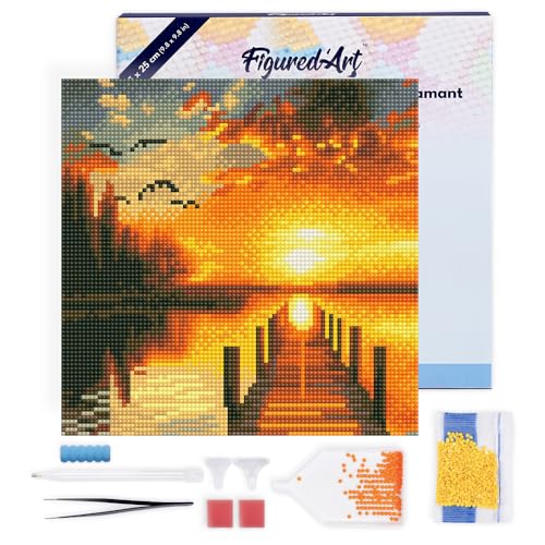 Figured'Art Mini Diamond Painting Erwachsene 25x25cm Mit Rahmen Ganze Leinwand gespannt Goldener Seesonnenuntergang 5D Bilder Runde Steine - DIY Set Basteln von Figured'Art