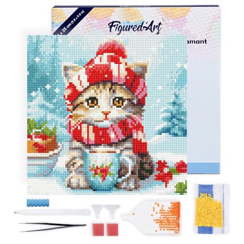 Figured'Art Mini Diamond Painting Erwachsene 25x25cm Mit Rahmen Ganze Leinwand gespannt Niedliche Katze mit rotem Schal 5D Bilder Runde Steine - DIY Set Basteln Figured'Art Mini Diamond Painting Erwachsene 25x25cm Mit Rahmen Ganze Leinwand gespannt Niedliche Katze mit rotem Schal 5D Bilder Runde Steine - DIY Set Basteln von Figured'Art