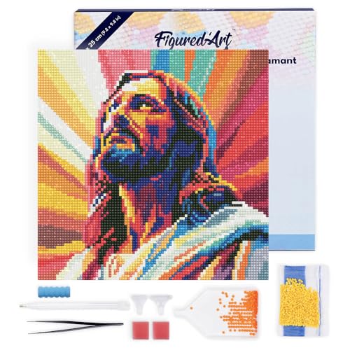 Figured'Art Mini Diamond Painting Erwachsene 25x25cm Mit Rahmen Ganze Leinwand gespannt Strahlender Jesus 5D Bilder Runde Steine - DIY Set Basteln Figured'Art Mini Diamond Painting Erwachsene 25x25cm Mit Rahmen Ganze Leinwand gespannt Strahlender Jesus 5D Bilder Runde Steine - DIY Set Basteln von Figured'Art