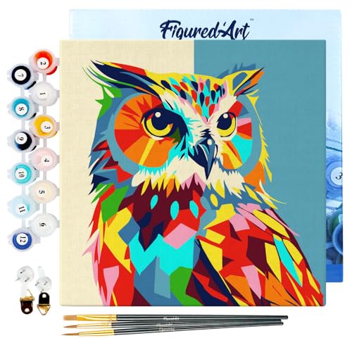 Figured'Art Mini Malen Nach Zahlen Erwachsene Mit Rahmen 20x20cm Kleines Format - Abstrakte Pop Art Eule - Paint by Numbers Basteln DIY Bastelset Leinwand gespannt auf Holzrahmen von Figured'Art