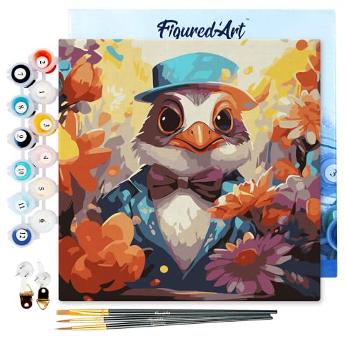 Figured'Art Mini Malen Nach Zahlen Erwachsene Mit Rahmen 20x20cm Kleines Format - Fantasie-Frackvogel und Blumen - Paint by Numbers Basteln DIY Bastelset Leinwand gespannt auf Holzrahmen von Figured'Art
