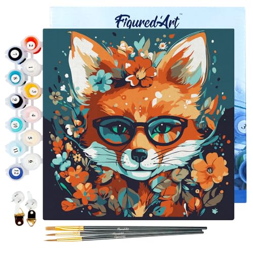 Figured'Art Mini Malen Nach Zahlen Erwachsene Mit Rahmen 20x20cm Kleines Format - Fantasie Fuchs mit Blumen - Paint by Numbers Basteln DIY Bastelset Leinwand gespannt auf Holzrahmen von Figured'Art