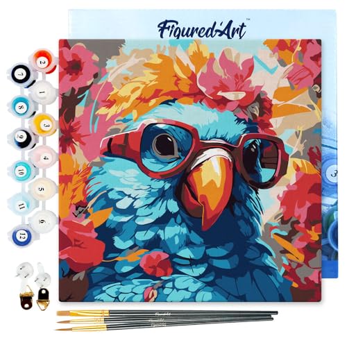 Figured'Art Mini Malen Nach Zahlen Erwachsene Mit Rahmen 20x20cm Kleines Format - Fantasie-Papagei und Blumen - Paint by Numbers Basteln DIY Bastelset Leinwand gespannt auf Holzrahmen von Figured'Art