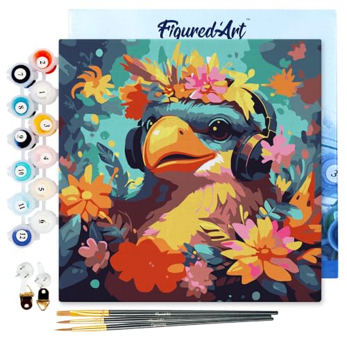 Figured'Art Mini Malen Nach Zahlen Erwachsene Mit Rahmen 20x20cm Kleines Format - Fantasie-Vogel und Blumen - Paint by Numbers Basteln DIY Bastelset Leinwand gespannt auf Holzrahmen von Figured'Art