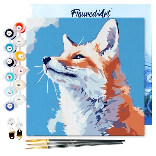 Figured'Art Mini Malen Nach Zahlen Erwachsene Mit Rahmen 20x20cm Kleines Format - Fuchs mit blauem Himmel - Paint by Numbers Basteln DIY Bastelset Leinwand gespannt auf Holzrahmen von Figured'Art