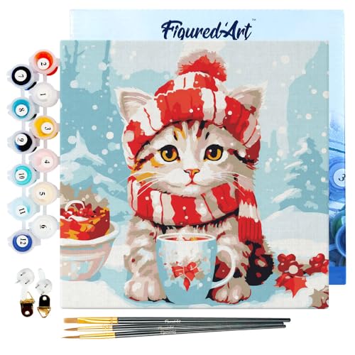 Figured'Art Mini Malen Nach Zahlen Erwachsene Mit Rahmen 20x20cm Kleines Format - Niedliche Katze mit rotem Schal - Paint by Numbers Basteln DIY Bastelset Leinwand gespannt auf Holzrahmen von Figured'Art