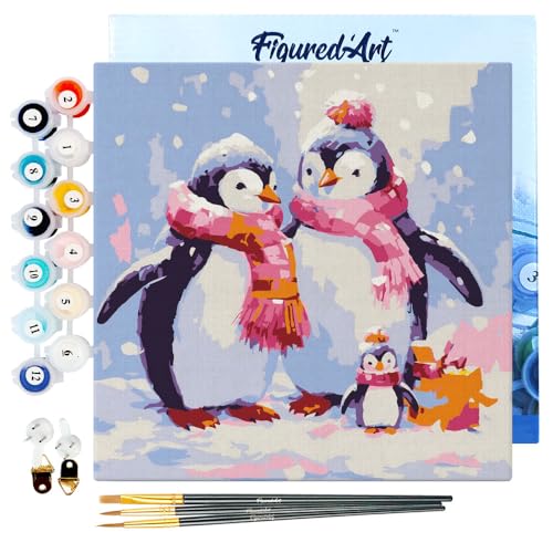 Figured'Art Mini Malen Nach Zahlen Erwachsene Mit Rahmen 20x20cm Kleines Format - Pinguinfamilie im Schnee - Paint by Numbers Basteln DIY Bastelset Leinwand gespannt auf Holzrahmen von Figured'Art