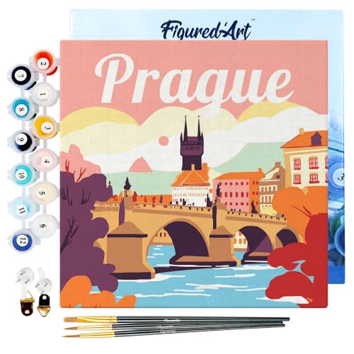 Figured'Art Mini Malen Nach Zahlen Erwachsene Mit Rahmen 20x20cm Kleines Format - Reiseplakat Prag - Paint by Numbers Basteln DIY Bastelset Leinwand gespannt auf Holzrahmen von Figured'Art