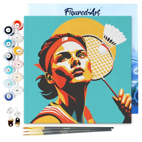 Figured'Art Mini Malen Nach Zahlen Erwachsene Mit Rahmen 20x20cm Kleines Format - Sportposter Badminton - Paint by Numbers Basteln DIY Bastelset Leinwand gespannt auf Holzrahmen von Figured'Art