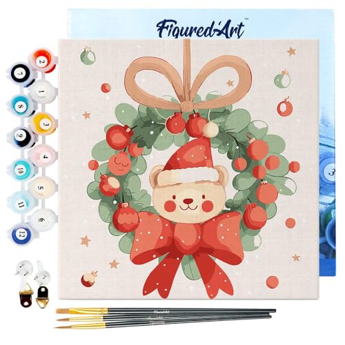 Figured'Art Mini Malen Nach Zahlen Erwachsene Mit Rahmen 20x20cm Kleines Format - Weihnachtskranz-Bär - Paint by Numbers Basteln DIY Bastelset Leinwand gespannt auf Holzrahmen Figured'Art Mini Malen Nach Zahlen Erwachsene Mit Rahmen 20x20cm Kleines Format - Weihnachtskranz-Bär - Paint by Numbers Basteln DIY Bastelset Leinwand gespannt auf Holzrahmen von Figured'Art