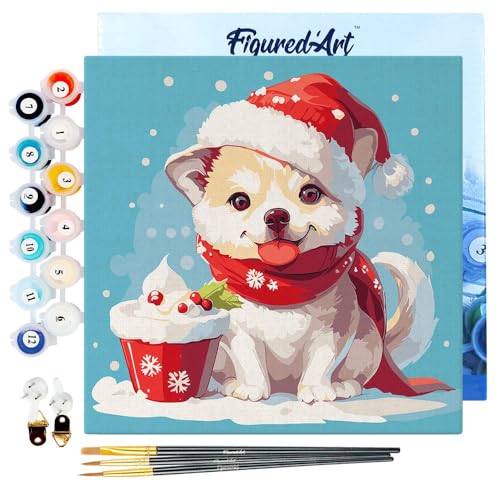Figured'Art Mini Malen Nach Zahlen Erwachsene Mit Rahmen 20x20cm Kleines Format - Weihnachtswelpe - Paint by Numbers Basteln DIY Bastelset Leinwand gespannt auf Holzrahmen Figured'Art Mini Malen Nach Zahlen Erwachsene Mit Rahmen 20x20cm Kleines Format - Weihnachtswelpe - Paint by Numbers Basteln DIY Bastelset Leinwand gespannt auf Holzrahmen von Figured'Art