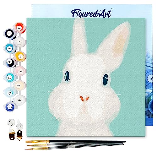 Figured'Art Mini Malen Nach Zahlen Erwachsene Mit Rahmen 20x20cm Kleines Format - Weißer Hase - Paint by Numbers Basteln DIY Bastelset Leinwand gespannt auf Holzrahmen von Figured'Art