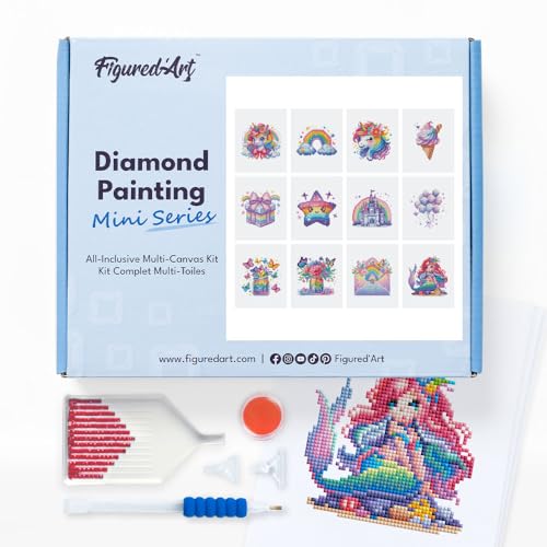 Figured'Art Mini Serie Diamond Painting Erwachsene - Eine bunte Kunst - Premium-Box mit 12 Stück 15x18 cm 5D Bilder, Eckige Steine - DIY Set zum Basteln von Figured'Art
