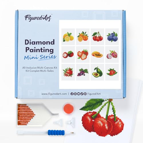 Figured'Art Mini Serie Diamond Painting Erwachsene - Früchte - Premium-Box mit 12 Stück 15x18 cm 5D Bilder, Eckige Steine - DIY Set zum Basteln von Figured'Art