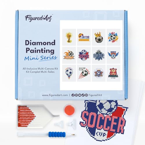 Figured'Art Mini Serie Diamond Painting Erwachsene - Fußball - Premium-Box mit 12 Stück 15x18 cm 5D Bilder, Eckige Steine - DIY Set zum Basteln von Figured'Art